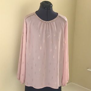 Women’s Blouse, Sz L, pink/gold feathers, NWT
